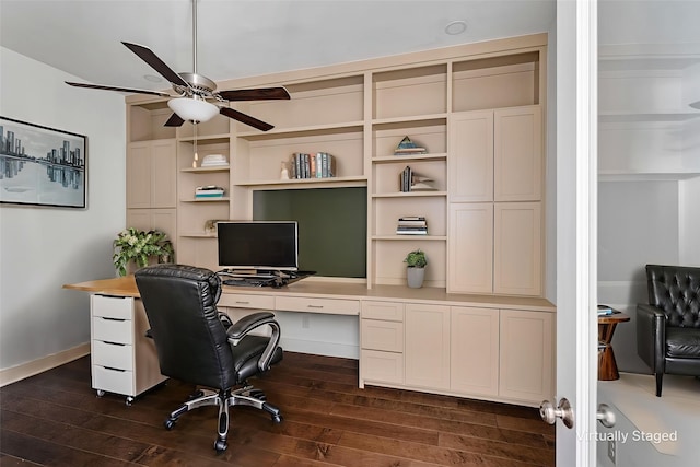 8990 Frostweed Rd, Frisco, TX 75035 - office featuring ceiling fan, dark wood-style floors, and built in desk