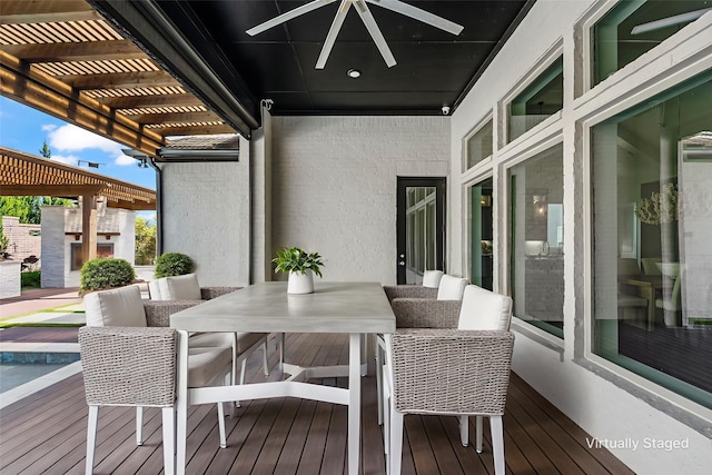 8990 Frostweed Rd, Frisco, TX 75035 - wooden deck featuring ceiling fan, a pergola, and outdoor dining area