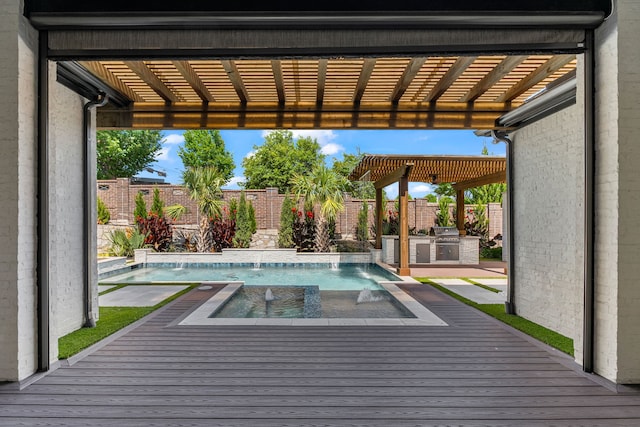 8990 Frostweed Rd, Frisco, TX 75035 - view of swimming pool with a wooden deck, a fenced backyard, and a pergola