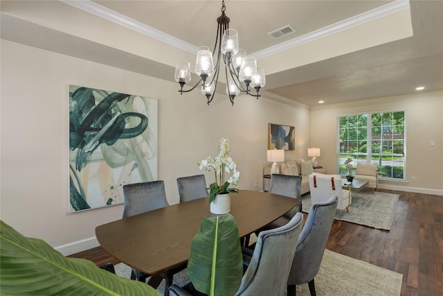 2124 Sandell Dr, Grapevine, TX 76051 - dining room with crown molding, a chandelier, dark wood-type flooring, and recessed lighting