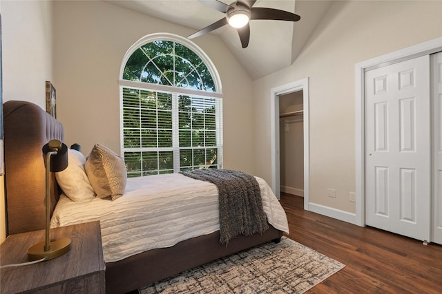 2124 Sandell Dr, Grapevine, TX 76051 - bedroom featuring wood finished floors, vaulted ceiling, and ceiling fan
