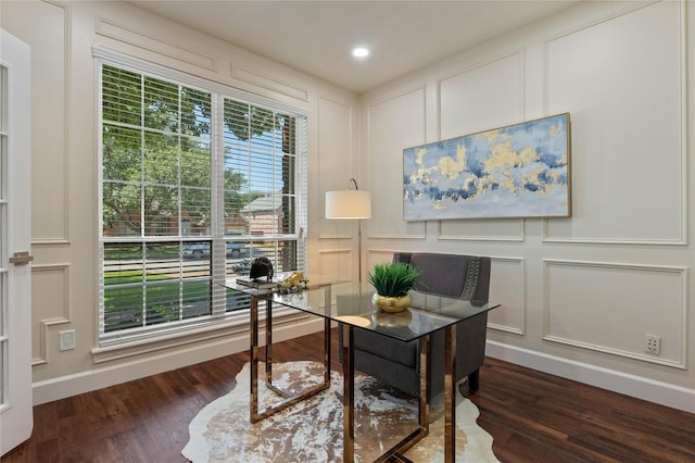 2124 Sandell Dr, Grapevine, TX 76051 - office area featuring a decorative wall, dark wood-style flooring, and recessed lighting