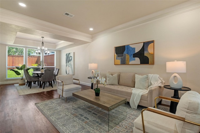 2124 Sandell Dr, Grapevine, TX 76051 - living area with a chandelier, wood finished floors, ornamental molding, a raised ceiling, and recessed lighting