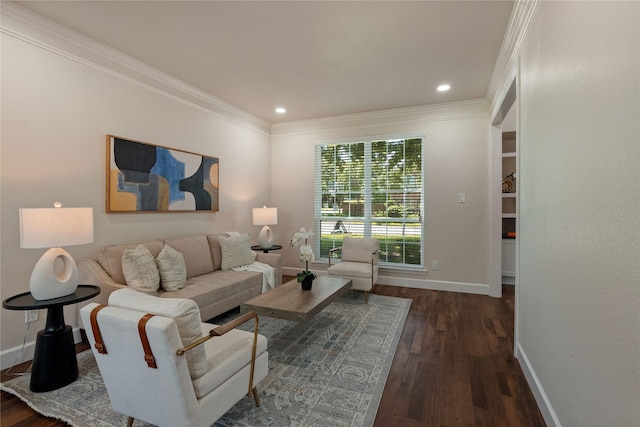 2124 Sandell Dr, Grapevine, TX 76051 - living room featuring ornamental molding, dark wood-style floors, and recessed lighting