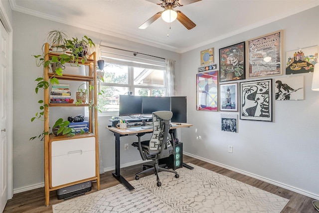 3025 Friendswood Dr, Arlington, TX 76013 - office with crown molding, ceiling fan, and wood finished floors