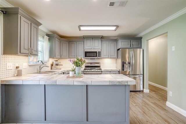 3025 Friendswood Dr, Arlington, TX 76013 - kitchen featuring appliances with stainless steel finishes, gray cabinetry, a peninsula, backsplash, and ornamental molding