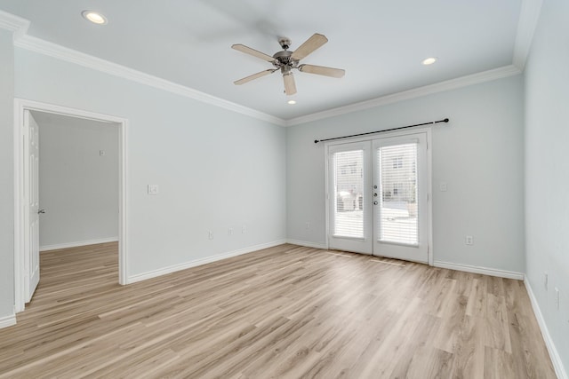 3102 Kings Rd Unit 2104, Dallas, TX 75219 - spare room with french doors, light wood-style floors, ceiling fan, recessed lighting, and ornamental molding