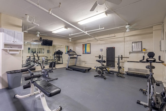 3102 Kings Rd Unit 2104, Dallas, TX 75219 - gym with a ceiling fan and concrete block wall