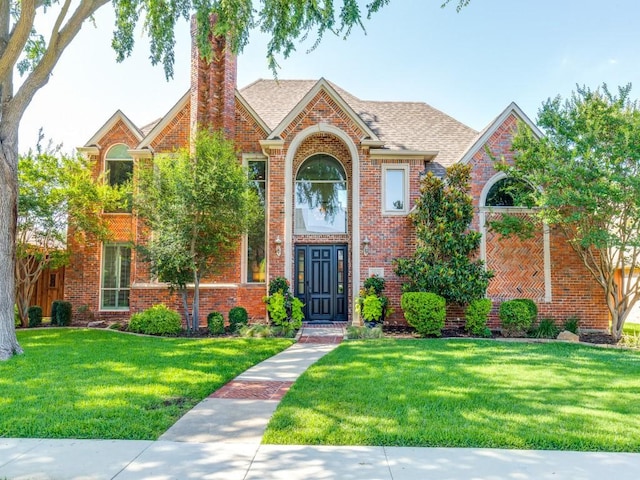 5909 Fossil Ridge Dr, Plano, TX 75093 - view of front facade with brick siding, a front lawn, a chimney, and a shingled roof