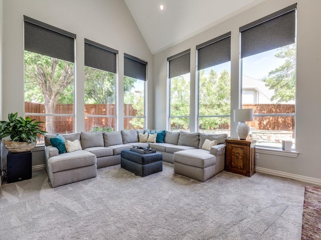 5909 Fossil Ridge Dr, Plano, TX 75093 - carpeted living room featuring high vaulted ceiling