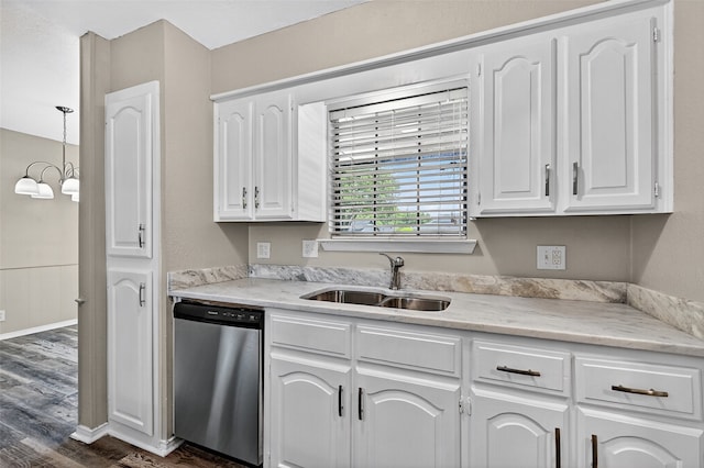 3214 N Marseille Ln, Sherman, TX 75090 - kitchen with stainless steel dishwasher, dark wood finished floors, white cabinetry, and light stone countertops