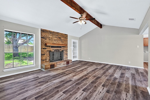 3214 N Marseille Ln, Sherman, TX 75090 - unfurnished living room featuring ceiling fan, dark wood finished floors, and a fireplace