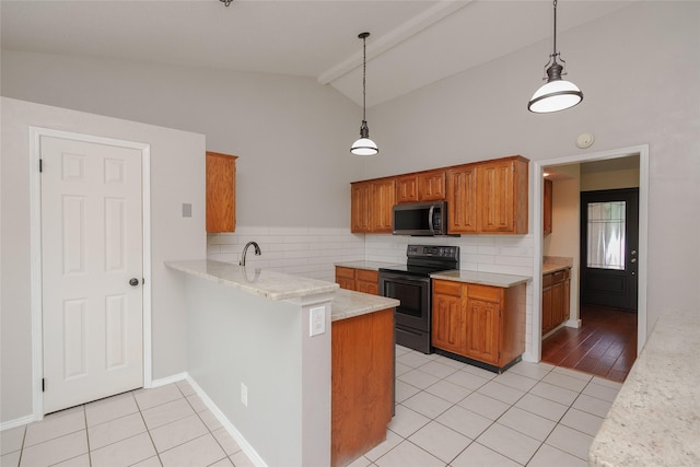 4324 Thames Ct, Flower Mound, TX 75028 - kitchen featuring stainless steel appliances, light tile patterned floors, a peninsula, brown cabinetry, and high vaulted ceiling