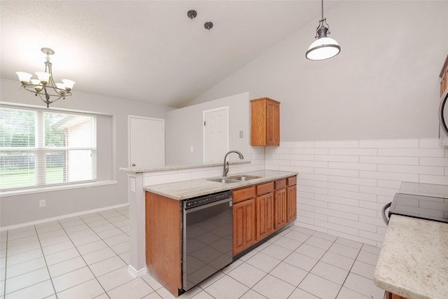 4324 Thames Ct, Flower Mound, TX 75028 - kitchen featuring dishwasher, light tile patterned floors, brown cabinets, lofted ceiling, and a chandelier