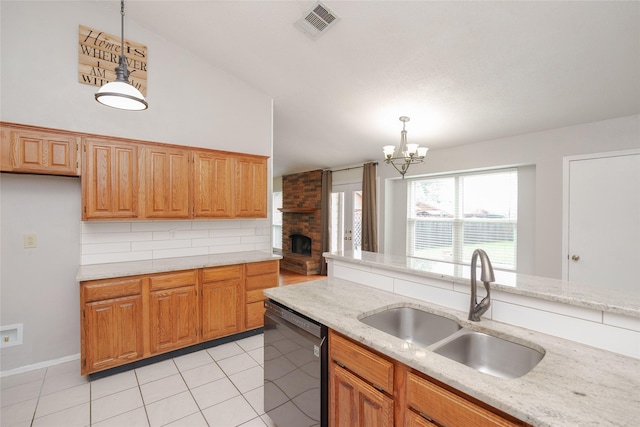 4324 Thames Ct, Flower Mound, TX 75028 - kitchen featuring dishwasher, a chandelier, pendant lighting, light tile patterned floors, and backsplash