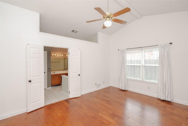 4324 Thames Ct, Flower Mound, TX 75028 - unfurnished bedroom with light wood-style floors, beam ceiling, connected bathroom, high vaulted ceiling, and ceiling fan