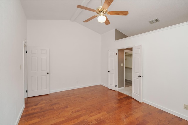 4324 Thames Ct, Flower Mound, TX 75028 - empty room featuring ceiling fan, beam ceiling, light wood-style flooring, and high vaulted ceiling