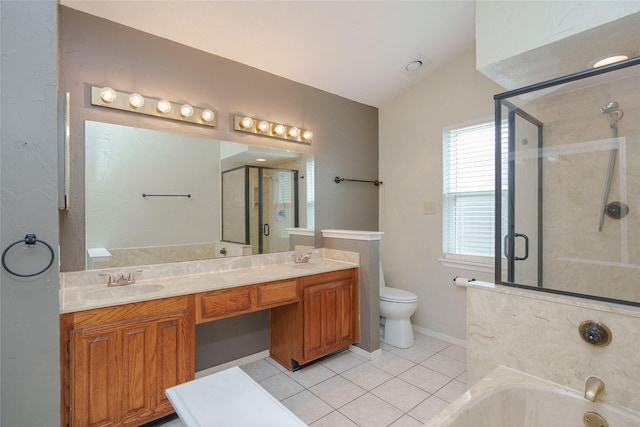 4324 Thames Ct, Flower Mound, TX 75028 - bathroom with a bath, a shower stall, double vanity, tile patterned floors, and vaulted ceiling