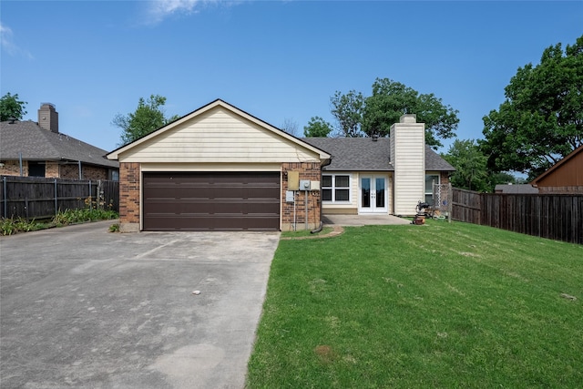 4324 Thames Ct, Flower Mound, TX 75028 - ranch-style home with french doors, brick siding, a chimney, driveway, and roof with shingles