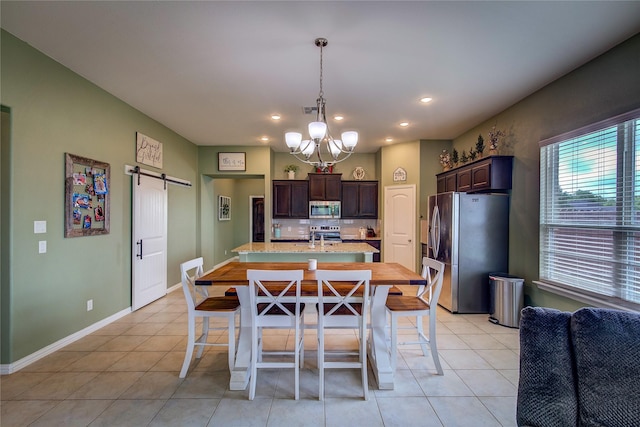 416 Mesa, Lone Oak, TX 75453 - dining area with a barn door, light tile patterned flooring, a chandelier, and recessed lighting