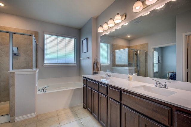 416 Mesa, Lone Oak, TX 75453 - bathroom with a stall shower, a garden tub, double vanity, and plenty of natural light