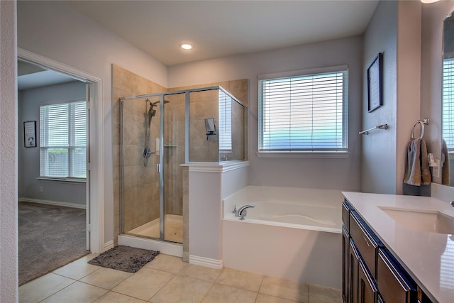 416 Mesa, Lone Oak, TX 75453 - bathroom featuring a garden tub, a stall shower, tile patterned flooring, and vanity