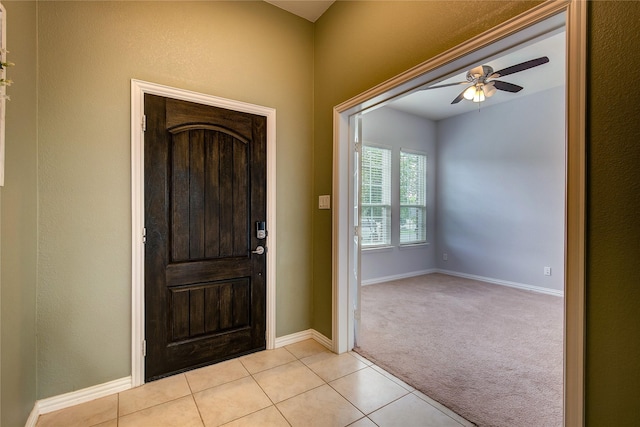 416 Mesa, Lone Oak, TX 75453 - entrance foyer with a ceiling fan, light tile patterned flooring, and light colored carpet