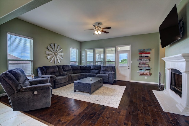 416 Mesa, Lone Oak, TX 75453 - living room with ceiling fan, wood-type flooring, and a fireplace with raised hearth