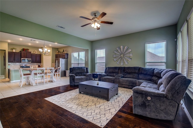 416 Mesa, Lone Oak, TX 75453 - living room with a chandelier, light wood finished floors, a ceiling fan, and recessed lighting