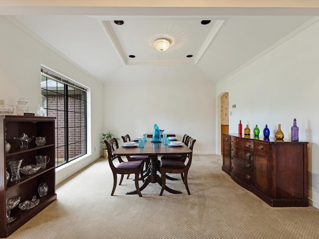 1210 Oak View Ct, Oak Point, TX 75068 - dining space featuring a raised ceiling, light colored carpet, crown molding, and arched walkways
