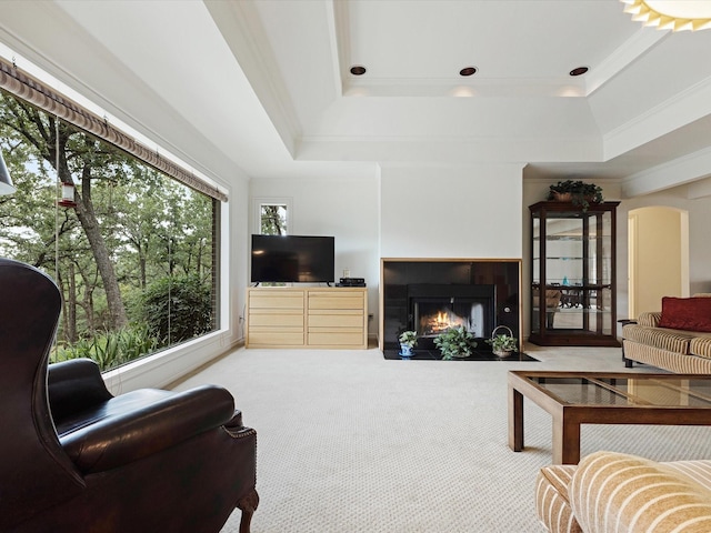 1210 Oak View Ct, Oak Point, TX 75068 - carpeted living area with a raised ceiling, a fireplace with flush hearth, ornamental molding, and arched walkways