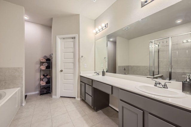 8009 Gangway Dr, Fort Worth, TX 76179 - full bathroom featuring a garden tub, tile patterned floors, double vanity, and a shower stall