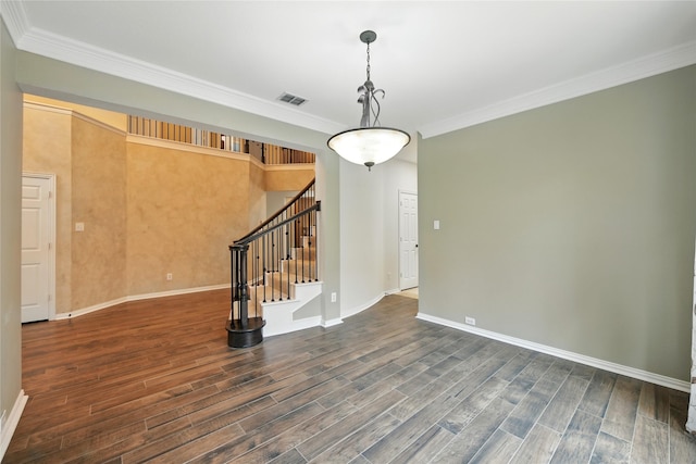 2908 Carterton Ct, Flower Mound, TX 75022 - spare room featuring wood finished floors, stairs, and crown molding