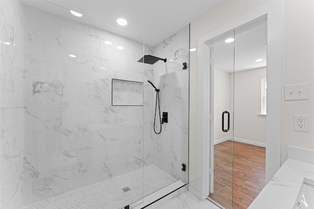 1315 Dunbarton Dr, Richardson, TX 75081 - full bath featuring a marble finish shower and recessed lighting