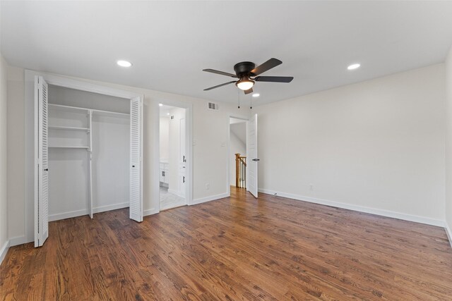 1315 Dunbarton Dr, Richardson, TX 75081 - unfurnished bedroom featuring wood finished floors, recessed lighting, a ceiling fan, and ensuite bathroom