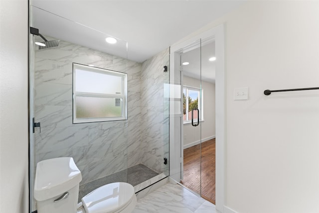 1315 Dunbarton Dr, Richardson, TX 75081 - full bathroom with a marble finish shower, recessed lighting, and marble finish flooring