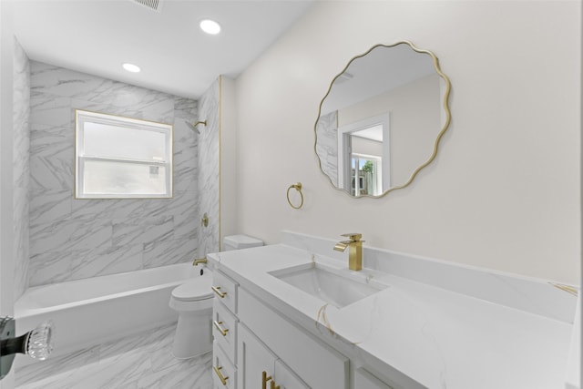 1315 Dunbarton Dr, Richardson, TX 75081 - bathroom with vanity, plenty of natural light, shower / washtub combination, marble finish flooring, and recessed lighting