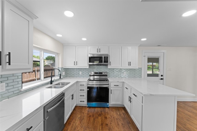 1315 Dunbarton Dr, Richardson, TX 75081 - kitchen featuring stainless steel appliances, a peninsula, healthy amount of natural light, tasteful backsplash, and recessed lighting