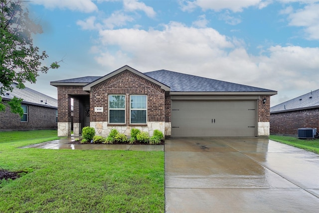 408 Cultivator Ct, Josephine, TX 75189 - view of front of home featuring stone siding, a garage, a shingled roof, a front lawn, and driveway