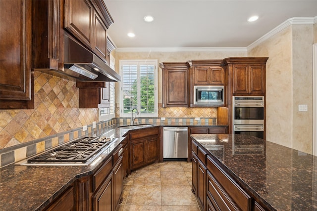 1316 Comal Dr, Allen, TX 75013 - kitchen with appliances with stainless steel finishes, under cabinet range hood, crown molding, recessed lighting, and dark stone counters