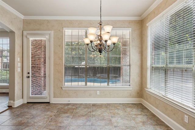 1316 Comal Dr, Allen, TX 75013 - unfurnished dining area with a chandelier, plenty of natural light, and crown molding