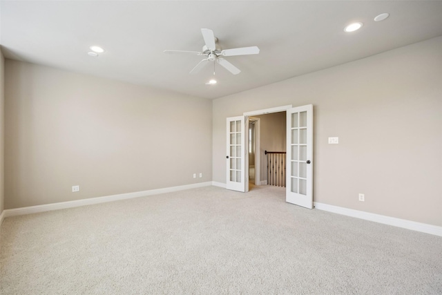1316 Comal Dr, Allen, TX 75013 - unfurnished bedroom featuring french doors, recessed lighting, light carpet, and a ceiling fan