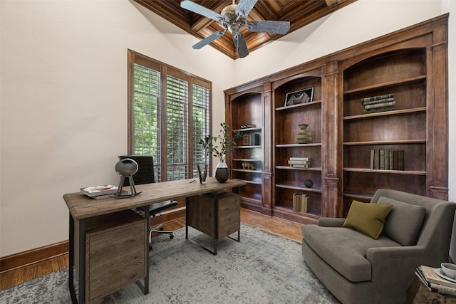 1316 Comal Dr, Allen, TX 75013 - office space featuring light wood-style flooring, ceiling fan, beamed ceiling, and crown molding