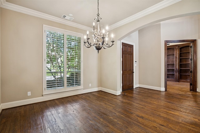 1316 Comal Dr, Allen, TX 75013 - empty room with arched walkways, a chandelier, dark wood-type flooring, and ornamental molding