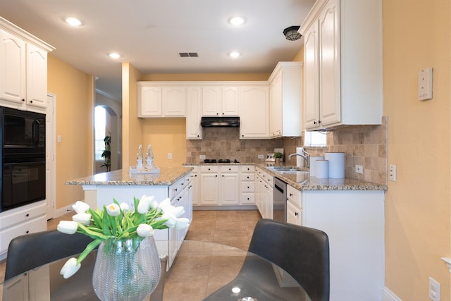 9705 Southern Hills Dr, Plano, TX 75025 - kitchen with black appliances, under cabinet range hood, decorative backsplash, light stone countertops, and white cabinetry