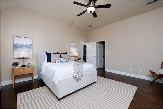 9705 Southern Hills Dr, Plano, TX 75025 - bedroom with dark wood finished floors, high vaulted ceiling, and ceiling fan