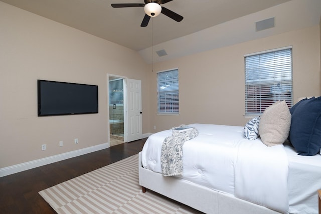 9705 Southern Hills Dr, Plano, TX 75025 - bedroom featuring wood finished floors, ensuite bathroom, lofted ceiling, and ceiling fan