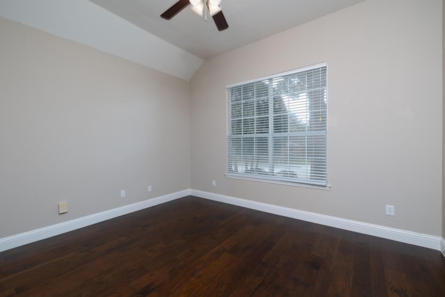 9705 Southern Hills Dr, Plano, TX 75025 - empty room with a ceiling fan, dark wood-type flooring, and vaulted ceiling