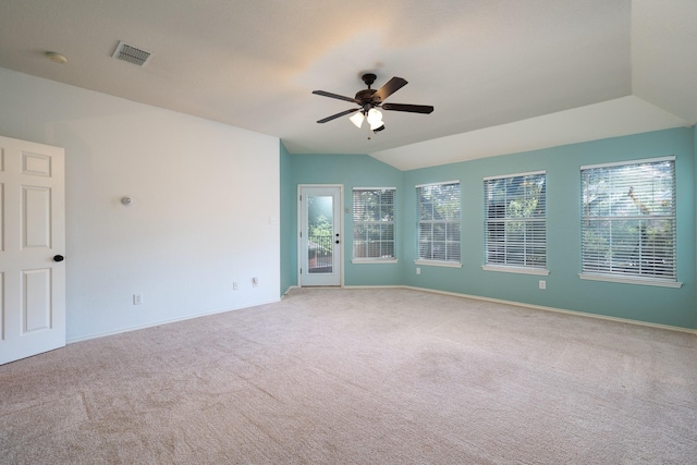 9705 Southern Hills Dr, Plano, TX 75025 - carpeted empty room with plenty of natural light, ceiling fan, lofted ceiling, and a smoke detector