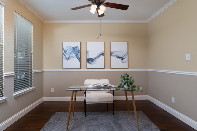 9705 Southern Hills Dr, Plano, TX 75025 - office area featuring wood finished floors, ceiling fan, and ornamental molding